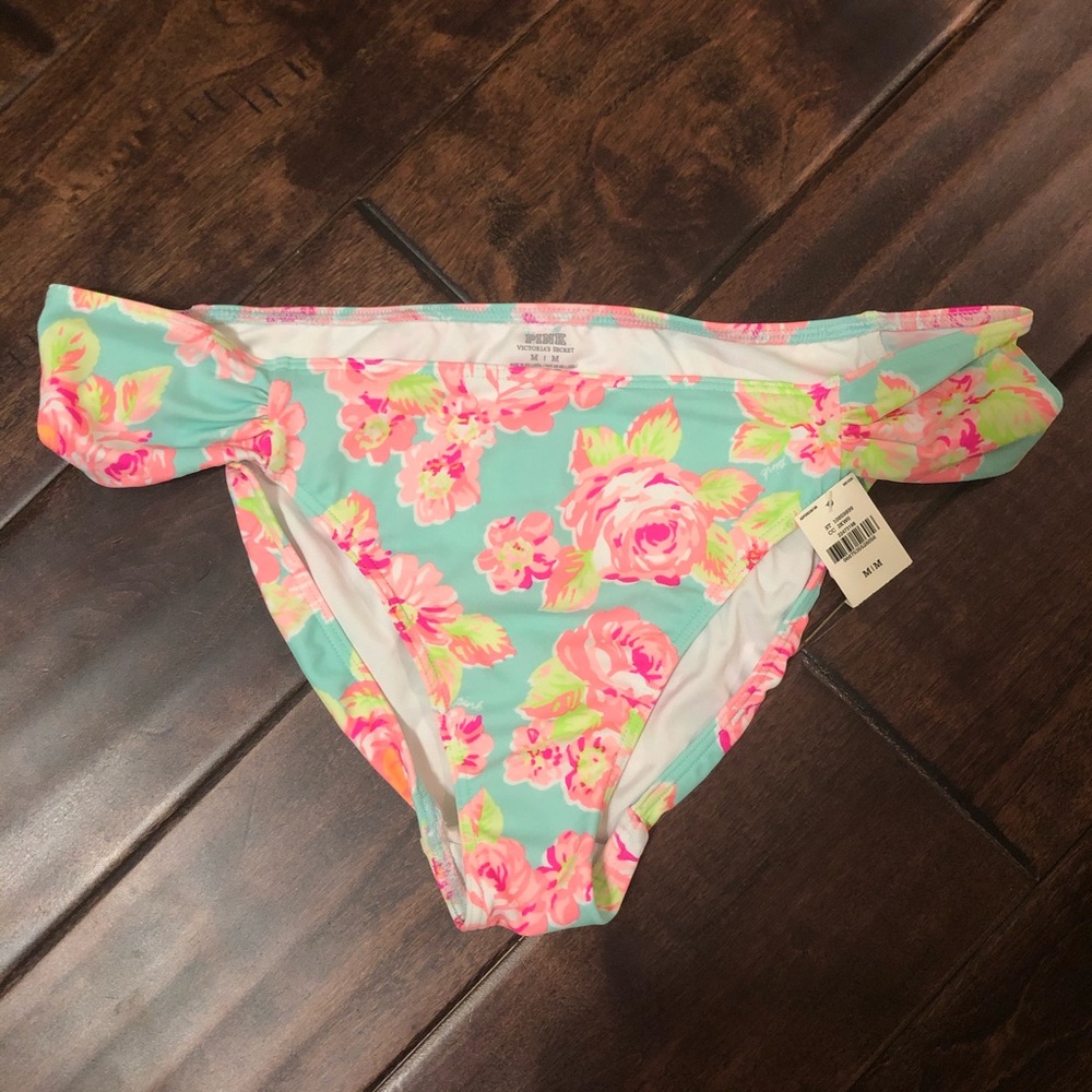NWT VS Pink Floral Ruched Blue Bikini Bottom